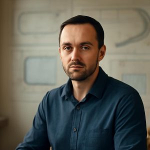 Дмитрий Соколов — портрет автора в инженерном офисе с чертежами бассейнов на фоне